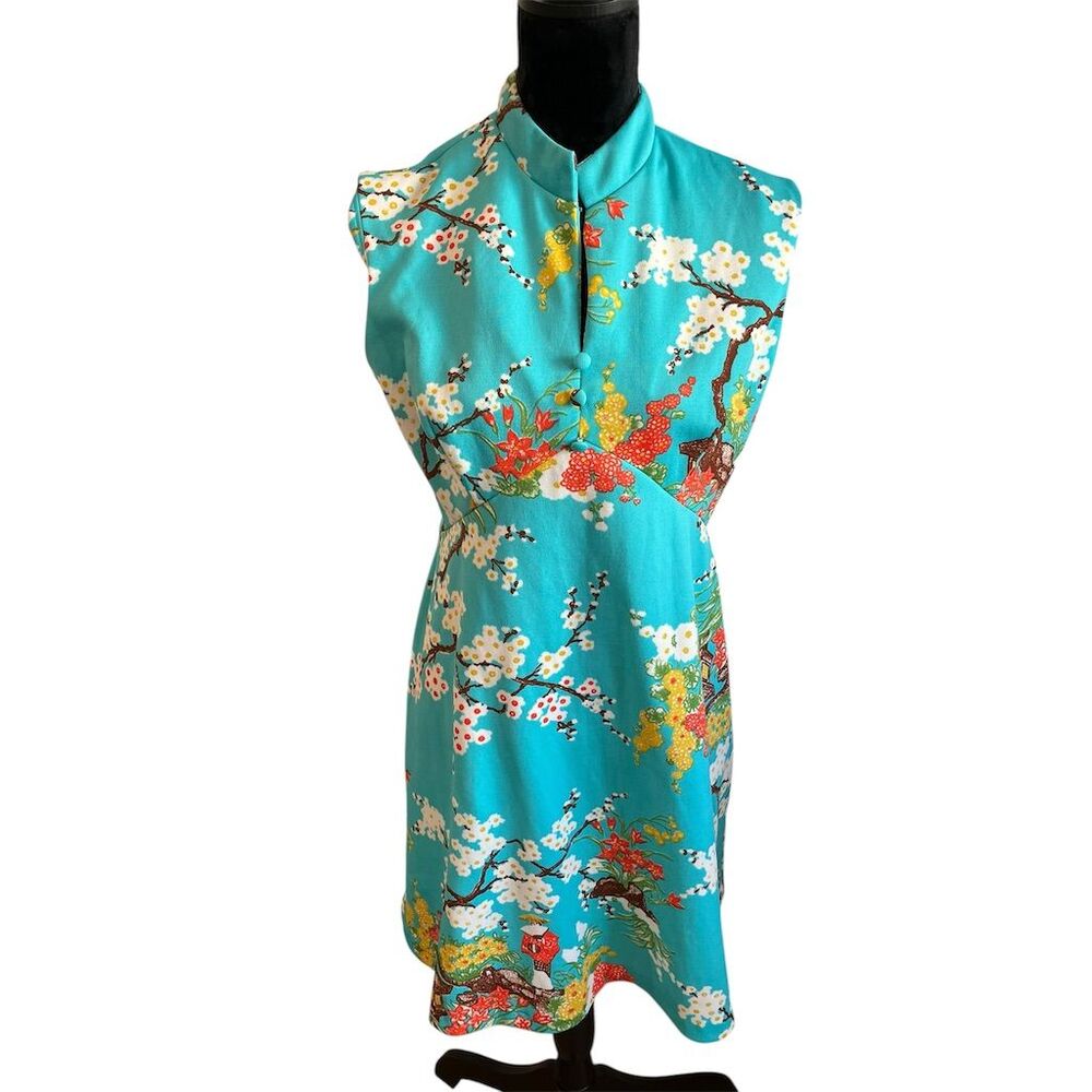 Vintage 60s/70s R&K Turquoise Cherry Blossom Dress S